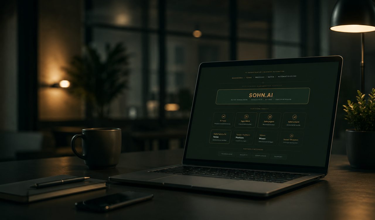 Arbeitsplatz am Abend mit geöffnetem Laptop, auf dem die SOHN.AI-Plattform läuft.