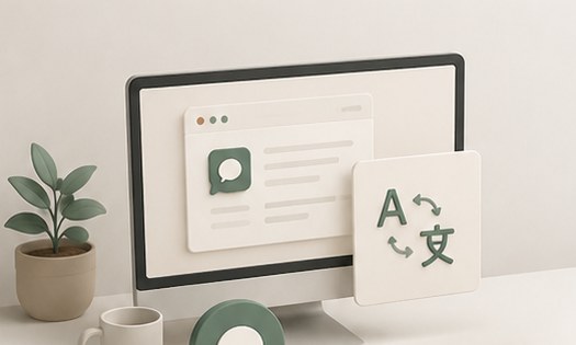 Illustration eines Arbeitsplatzes mit Chat- und Übersetzungsfunktion