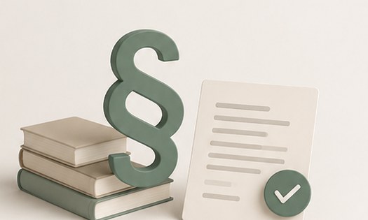 Illustration mit Paragrafensymbol, Büchern und geprüftem Dokument
